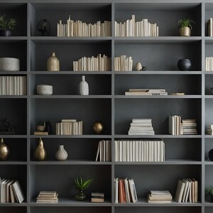 Può includere: Una libreria grigio scuro piena di libri, vasi decorativi e piccole piante in vaso. I libri sono principalmente bianco sporco, creando un'estetica neutra e organizzata. Varie forme e dimensioni di vasi aggiungono interesse visivo.