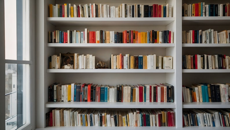 Zoom Background White Bookshelf Library and Window, Virtual Home Office