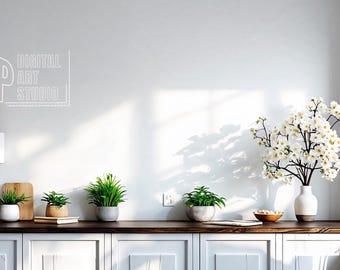 May include: A white wall with a white logo that says "RTP Digital Art Studio". There is a white lamp with a white lampshade on a table with a white vase with white flowers, a wooden cutting board, and three potted plants. The table is in front of a white cabinet with three drawers.