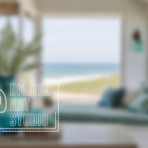 Fondo de Zoom de cabaña de verano de estilo rústico costero para reuniones virtuales, fondo de oficina en casa minimalista, estilo bohemio y neutro, con vistas a la costa. imagen 2