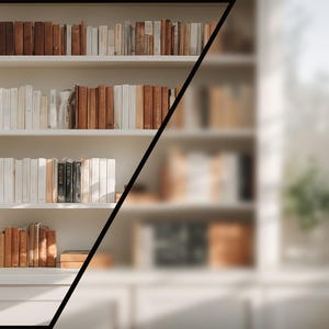 May include: A white bookshelf with three shelves filled with books. The books are mostly brown and white with some black spines. The bookshelf is against a white wall.