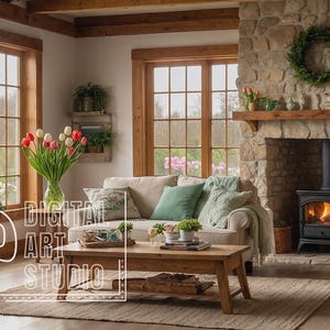 May include: Cozy living room with a stone fireplace, a wood-burning stove, and a comfortable sofa. A vase of tulips sits on a coffee table. The room is filled with natural light from large windows. The text "DIGITAL ART STUDIO" is visible.