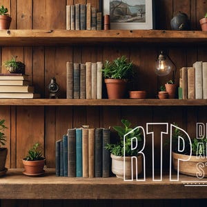 Virtueller Hintergrund Rustikales Bücherregal für Zoom Meetings, Home Office Hintergrund für Online Meetings, einfacher eleganter Hintergrund natürliches Licht