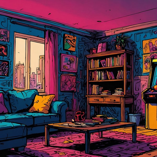 Vintage Comic Style Anime Gamer Living Room Virtual Background for Zoom, Streaming, Vtuber Background, Cyberpunk Futuristic Apartment