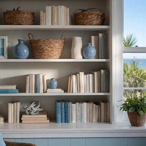 May include: A white bookshelf with five shelves filled with books, decorative baskets, and blue ceramic vases. The bookshelf is in front of a window with a view of the ocean.