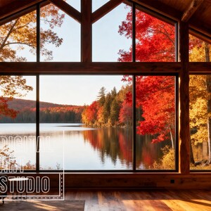 May include: A large window wall in a wooden cabin interior overlooks a lake surrounded by autumn trees with vibrant red and orange foliage. A stone fireplace is on the right, and the text RTP DIGITAL ART STUDIO is overlaid on the lower left.