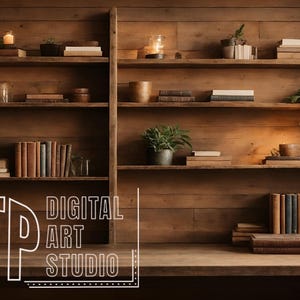 Könnte beinhalten: Eine gemütliche, warmtonige Innenszene mit Holzregalen, die mit Büchern, Kerzen und kleinen Pflanzen gefüllt sind. Ein Schreibtisch mit Büchern und einer Lampe befindet sich im Vordergrund. Der Text "RTP DIGITAL ART STUDIO" ist sichtbar.