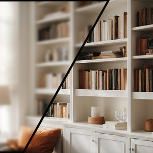 May include: White built-in bookshelves filled with books. The shelves have a white trim and are in a room with a window and a lamp.