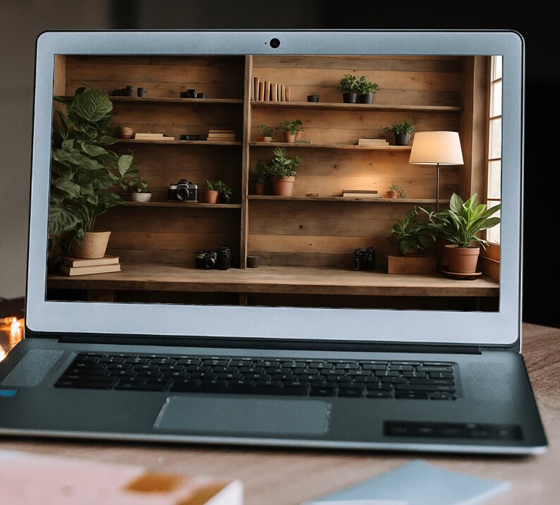 Virtual Bookshelf Background With Camera Decor on Shelves, Backdrop for