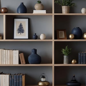 Virtual Background Bookshelf for Zoom Meetings, Home Office Navy Blue and Tan Bookshelf Background, Simple Elegant Backdrop Natural Light