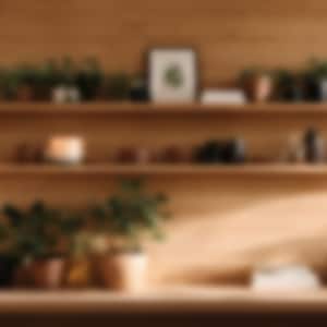 May include: A wooden shelf unit with two shelves, featuring potted plants, framed artwork, and various decorative objects. The shelves are against a light wood wall.