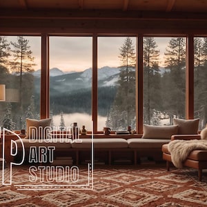May include: A cozy room with wood-paneled walls, a large window overlooking a snowy mountain forest, a leather armchair with a white faux fur throw, a long window seat, a tripod floor lamp, and a rug with a geometric pattern. Text reads RTP DIGITAL ART STUDIO.