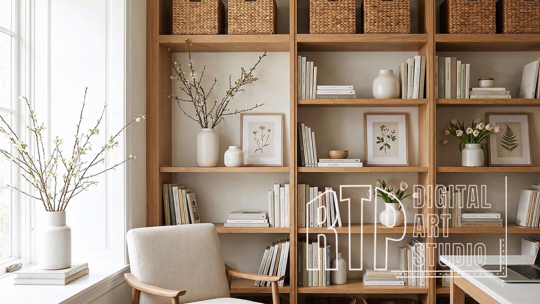 Virtual Background Farmhouse Bookcase for Zoom, Home Office Backdrop ...