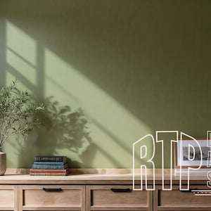 May include: A wooden cabinet with drawers, topped with a display of books, vases with greenery, and a framed picture. The background is a solid olive green wall with sunlight streaming through a window. The text "DIGITAL ART STUDIO" is visible.