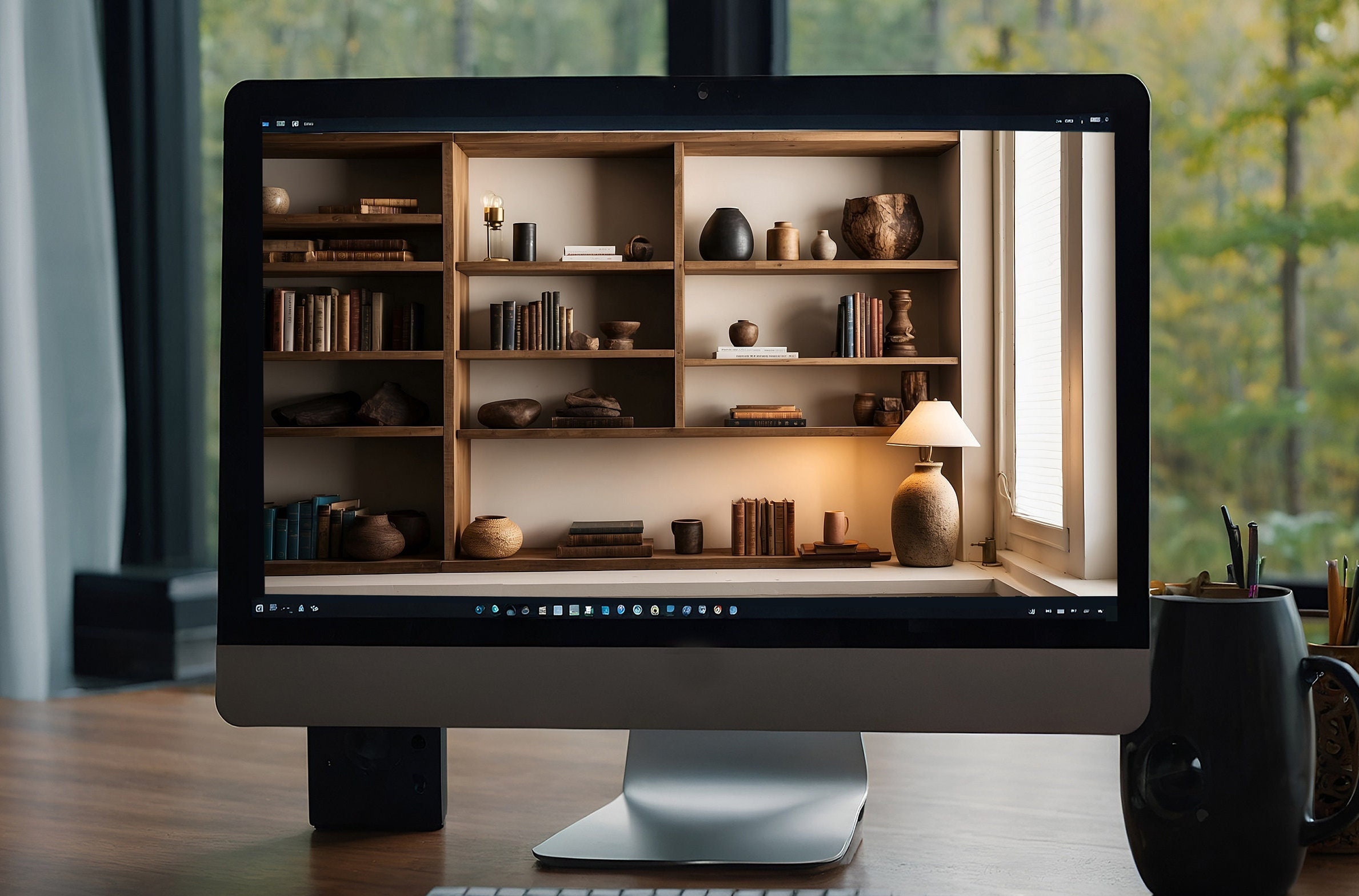 Virtual Modern Bookshelf Background For Zoom Meetings, Home Office A27