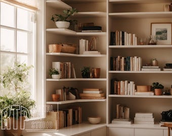 Fondo de estantería blanca para reuniones, fondo virtual de estantería para Zoom, MS Teams, Webex y Skype en relación de aspecto 16:9, oficina virtual minimalista.