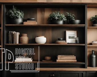 Fondo virtual de estanterías de estilo rústico moderno para Zoom, fondo de oficina en casa para reuniones en línea, fondo profesional con luz natural.