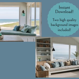 Two Image Set Virtual Background Boho Coastal Home with Blue Glass Accents for Zoom, Beach Home Office Professional Meeting Backdrop