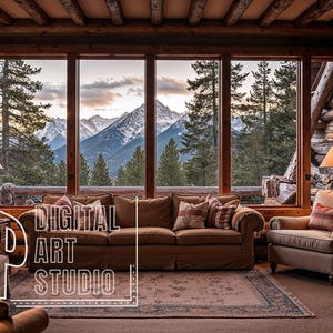 Rustic Mountain Cabin Zoom Background Virtual Office for Online Meetings, Rustic Cozy Cabin Home, Snowy Mountain MS Teams Backdrop