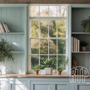 May include: A light blue built-in bookshelf with three shelves on each side. The shelves are filled with books, plants, and decorative items. A large window with a view of trees is in the center of the bookshelf.