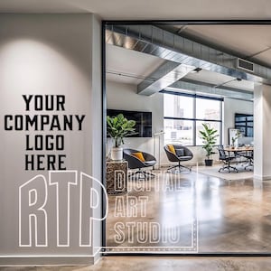 Puede incluir: Oficina moderna con grandes ventanales, sillas grises con cojines amarillos y plantas en macetas. La pared presenta el texto "YOUR COMPANY LOGO HERE" y el logotipo "RTP DIGITAL ART STUDIO."