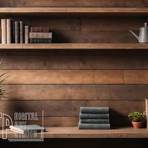 Sfondo di libreria virtuale per riunioni Zoom, sfondo di scaffalature in legno rustico per ufficio domestico, elegante luce naturale per biblioteca professionale
