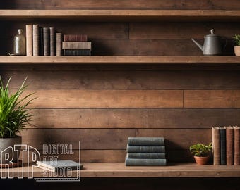 Virtueller Bücherregal-Hintergrund für Zoom Meeting, rustikale Holzregal-Kulisse für Home Office, elegante professionelle Bibliothek mit natürlichem Licht