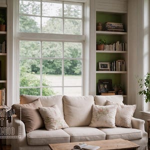 Könnte beinhalten: Ein weißes Sofa mit Kissen steht in einem Raum mit großen Fenstern und eingebauten Bücherregalen. Der Raum hat eine grüne Akzentwand und eine Lampe auf einem Tisch neben dem Sofa.