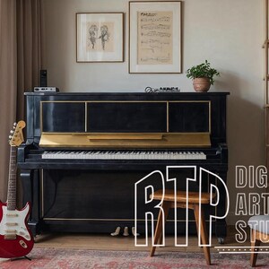 May include: A black piano with gold accents and a keyboard, flanked by a black and a red electric guitar. The scene includes a window, artwork, and a chair, creating a musical and artistic ambiance. The text "DIGITAL ART STUDIO" is visible.