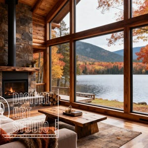 Könnte beinhalten: Ein rustikales Wohnzimmer mit Steinkamin, beigem Sofa mit orangefarbenen Kissen und einem Couchtisch aus Holz. Große, bodentiefe Fenster bieten einen Blick auf einen See und herbstliche Bäume. Der Text RTP DIGITAL ART STUDIO ist eingeblendet.