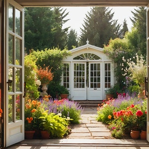 Backyard Flower Garden Zoom Background, Natural Virtual Spring Home Office for Teams Meetings, Work From Home Summer Green Space Backdrop
