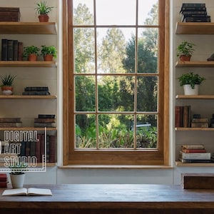 Zoom Bookshelf and Window Background, Virtual Home Office Backdrop for Teams Meetings, Work From Home Professional Blurred Shelves