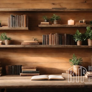 Puede incluir: Una estantería de madera con múltiples estantes, que muestra pilas de libros y plantas en macetas. Una vela encendida y un libro abierto sobre un escritorio de madera contribuyen al ambiente cálido. La imagen contiene el texto "DIGITAL ART STUDIO".