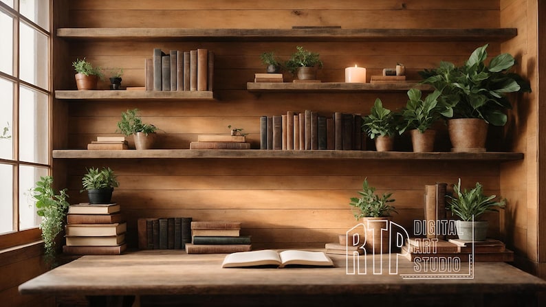 May include: A wooden bookshelf with several shelves, filled with books and potted plants. A lit candle and an open book on a wooden desk create a warm atmosphere. The image includes the text "DIGITAL ART STUDIO".