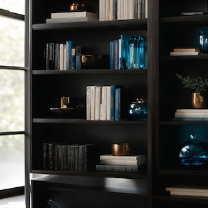 May include: A black bookshelf with five shelves filled with books, decorative vases, and other objects. The shelves are lit with blue LED lights.