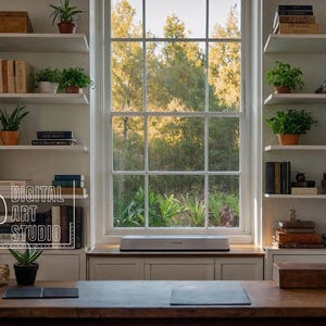 May include: A home office with a wooden desk, a white sound bar, and white shelves with books and plants. The shelves are on the wall next to a large window with a view of trees.