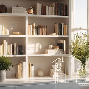 Zoom Background White Bookshelf and Window, Morning Light Virtual Home Office for Teams Meetings, Work From Home Minimalist Shelves Backdrop