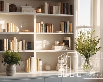 Zoom Background White Bookshelf and Window, Morning Light Virtual Home Office for Teams Meetings, Work From Home Minimalist Shelves Backdrop