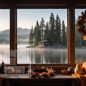 May include: A window view of a misty lake with a small cabin on an island, framed by a wooden sill holding orange pumpkins, gourds, and a fall leaf wreath. A hanging autumn wreath is visible in the window, with the text RTP DIGITAL ART STUDIO.
