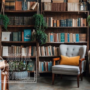 Puede incluir: Interior de biblioteca con estanterías de madera llenas de libros de varios tamaños y colores. Un sillón gris con un cojín amarillo está frente a las estantes. El texto "DIGITAL ART STUDIO" es visible.