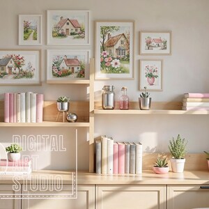 May include: A display of framed watercolour paintings of houses and floral arrangements on a wall. A wooden shelf holds books, potted plants, and decorative items. The text "DIGITAL ART STUDIO" is visible.