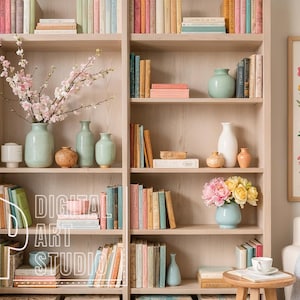 Zoom Background Spring Flowers Bookshelf, Virtual Home Office Flower Market Art Backdrop Teams Meetings, Blurred included