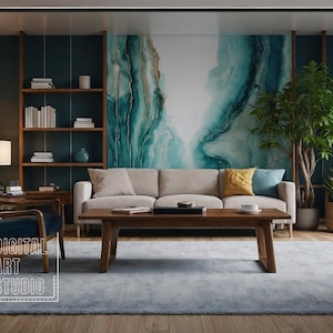 May include: A living room interior with a light beige sofa, a wooden coffee table, a blue armchair, a bookshelf, and a large abstract painting on the wall. The painting features shades of blue and green.