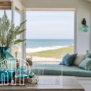 Fondo de Zoom de cabaña de verano de estilo rústico costero para reuniones virtuales, fondo de oficina en casa minimalista, estilo bohemio y neutro, con vistas a la costa. imagen 1