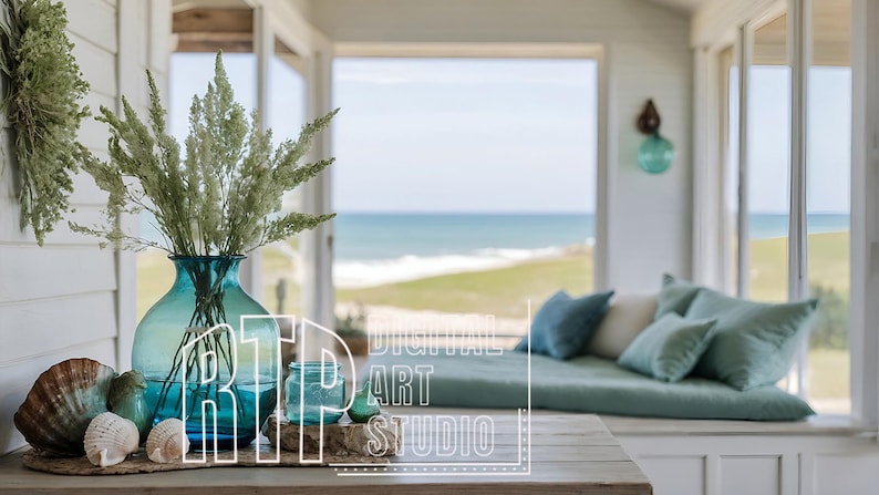 Fondo de Zoom de cabaña de verano de estilo rústico costero para reuniones virtuales, fondo de oficina en casa minimalista, estilo bohemio y neutro, con vistas a la costa. imagen 1