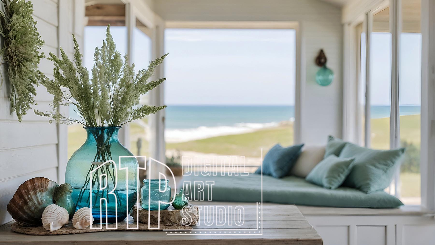 Coastal Farmhouse Summer Cottage Zoom Background for Virtual Meetings, Neutral Boho Rustic Minimalist Home Office Backdrop, Coastal Views