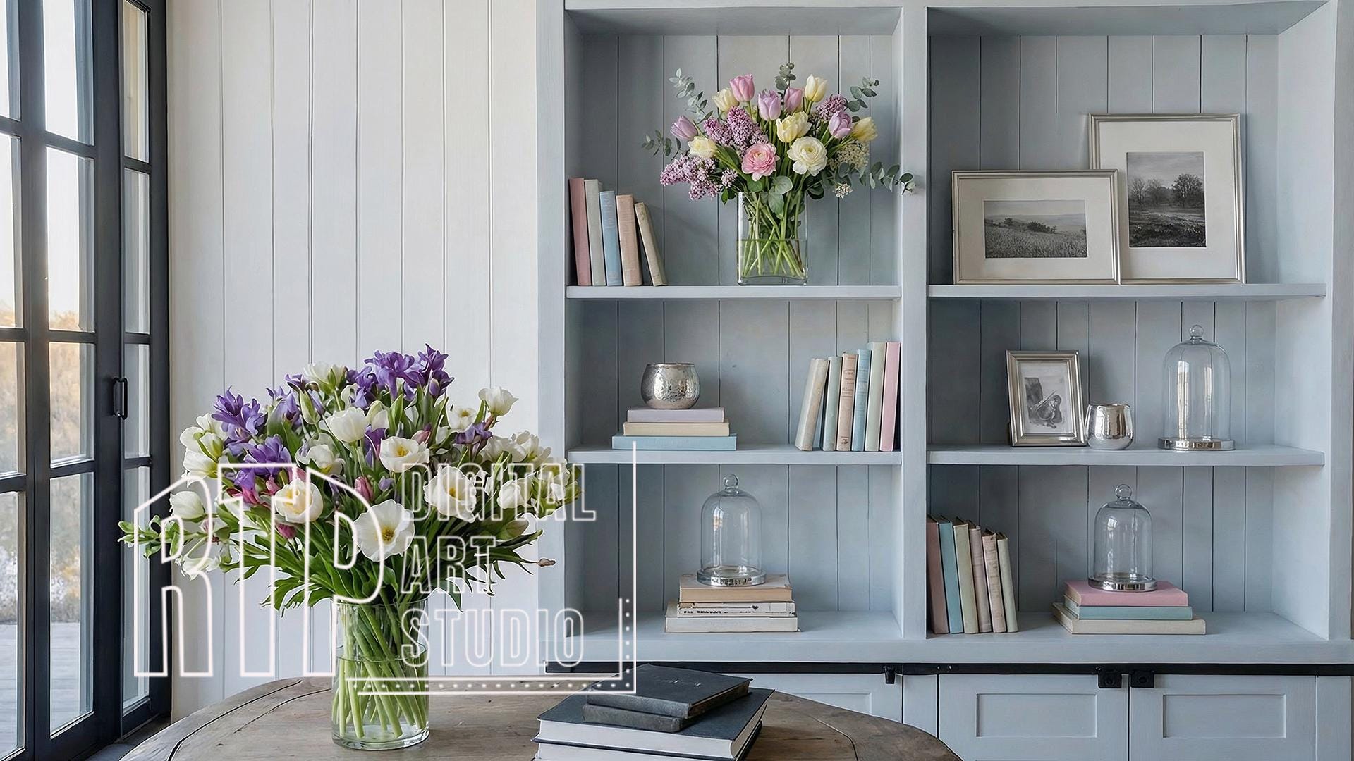 Virtual Background Farmhouse Bookcase for Zoom, Home Office Backdrop ...