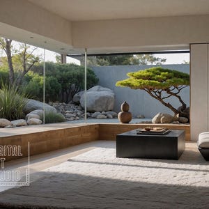 Op de afbeelding: Een modern interieur met een minimalistisch design. De kamer heeft een groot raam met uitzicht op een zen-tuin met rotsen en groen. Een zwarte vierkante salontafel staat op een zacht tapijt en er staat een enkele stoel in de hoek.