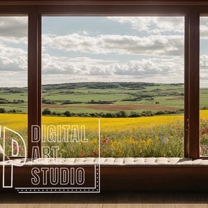 May include: A window with a view of a field of yellow wildflowers and rolling green hills. The window is part of a room with a wooden window frame and a white cushioned bench.