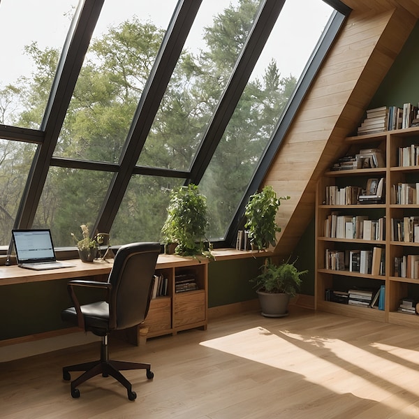 Zoom Background Loft Office with Skylights and Bookshelves for Zoom, MS Teams, Webex, Skype, and Google Meet, Professional Virtual Office